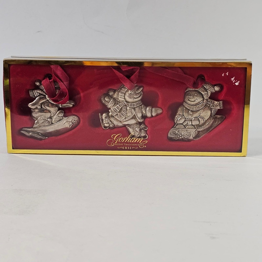 Gorham Silver Plated Snowman Christmas Ornaments‎ Set of 3 Sledding Skating